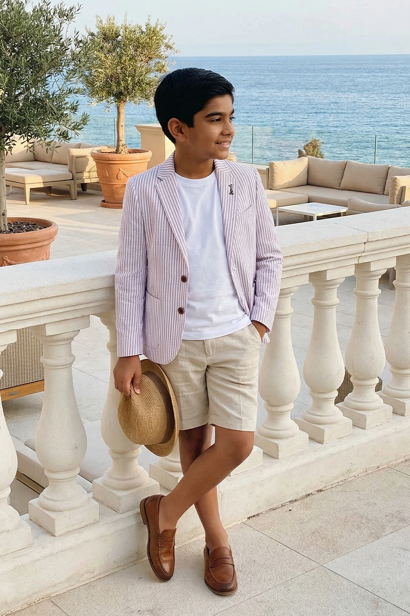 Boys Striped Seersucker Blazer for Weddings with Notch Lapel