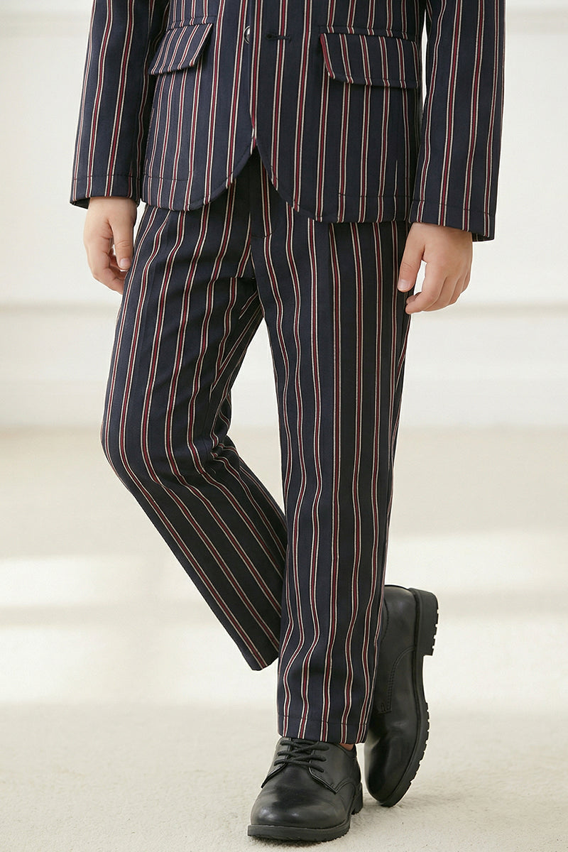 Boys Navy Blue With Brown Stripes Single-Breasted 2-Piece Suit