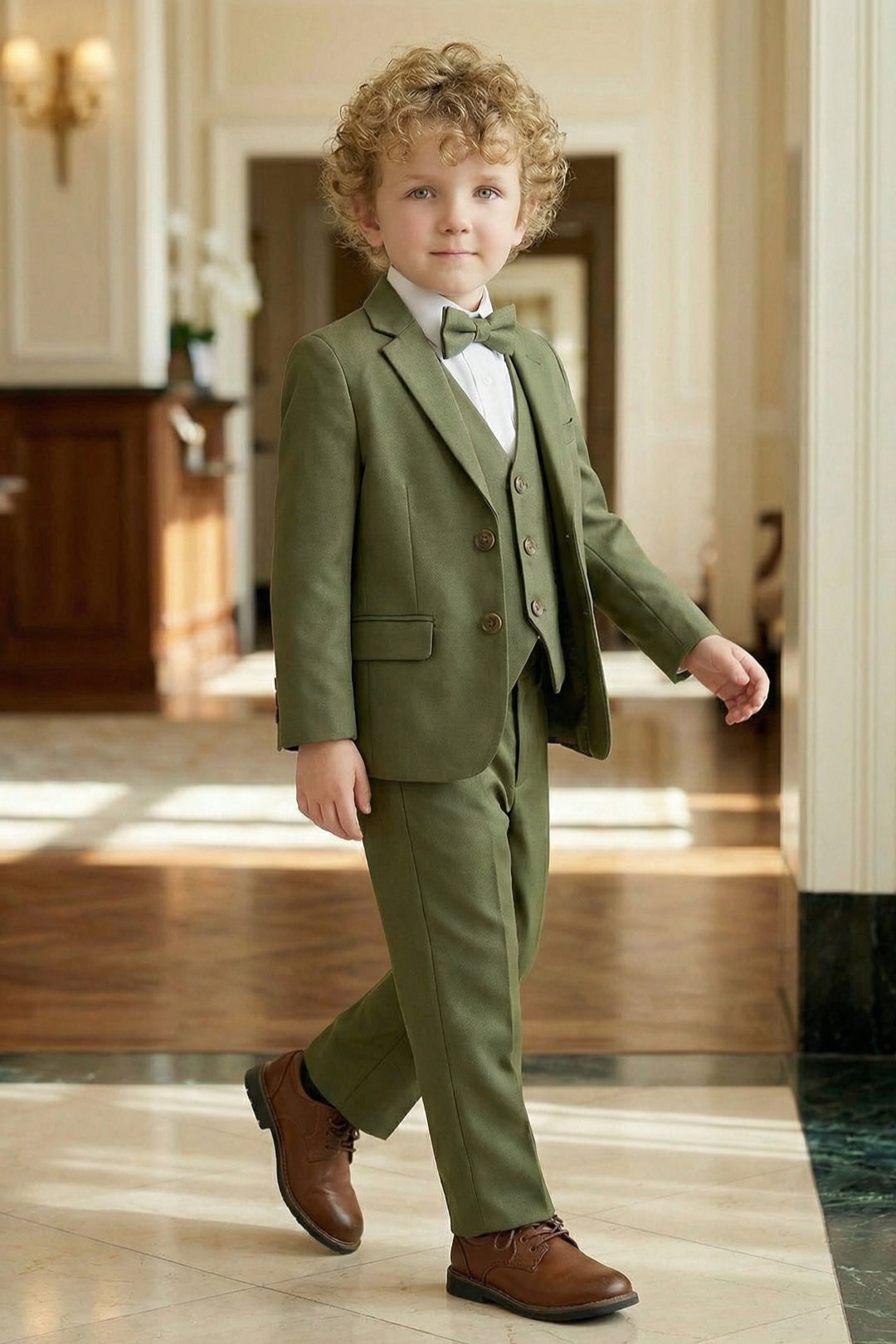 Boys Olive Green 3-Piece Suit with Notch Lapel