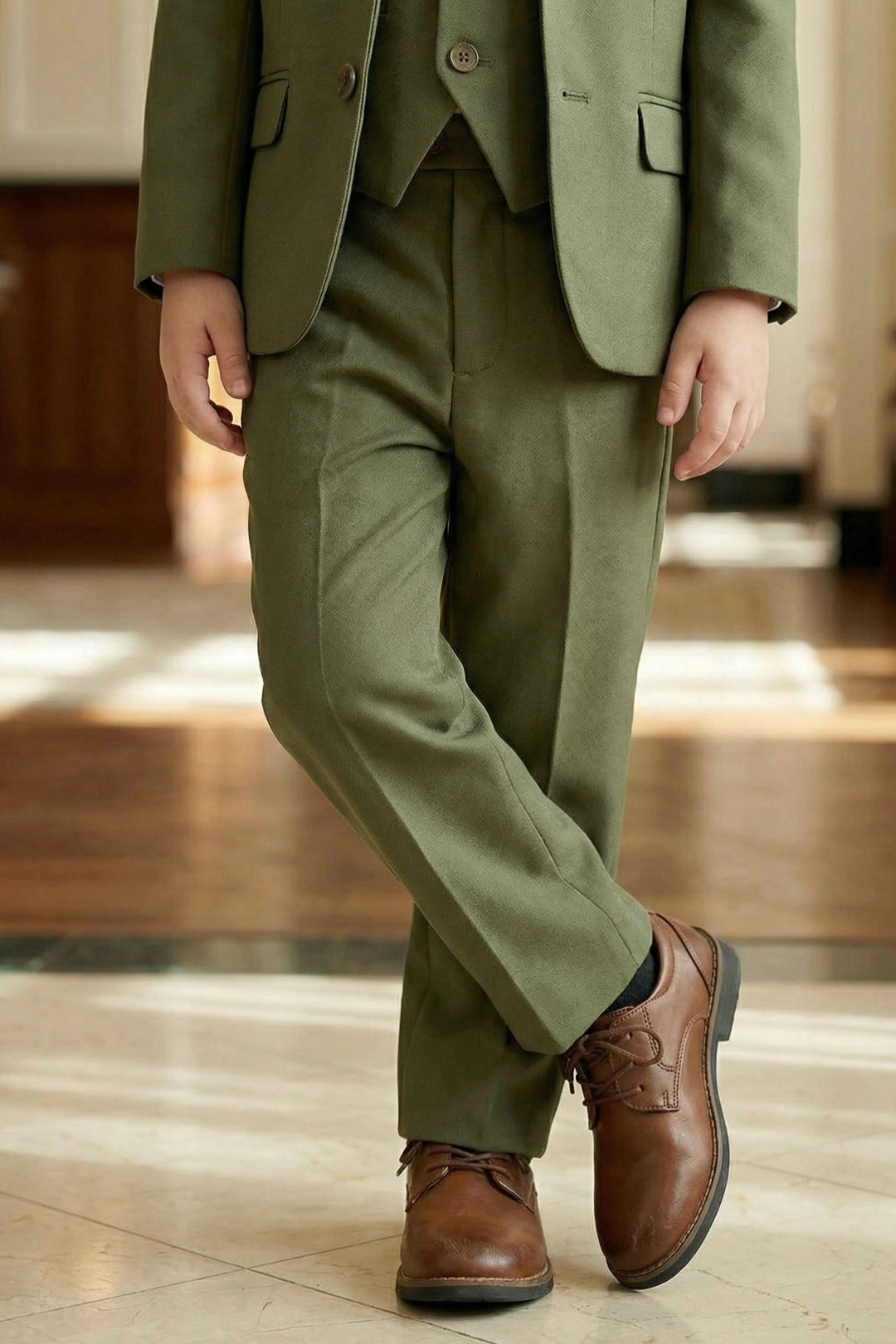 Boys Olive Green 3-Piece Suit with Notch Lapel