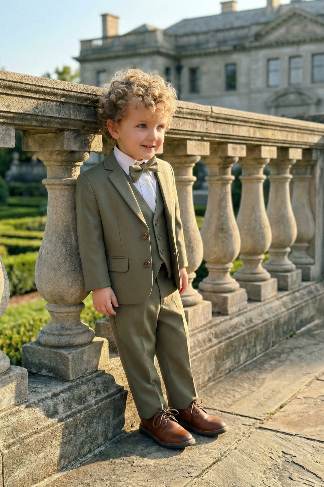 Boys Olive Green 3-Piece Suit with Notch Lapel