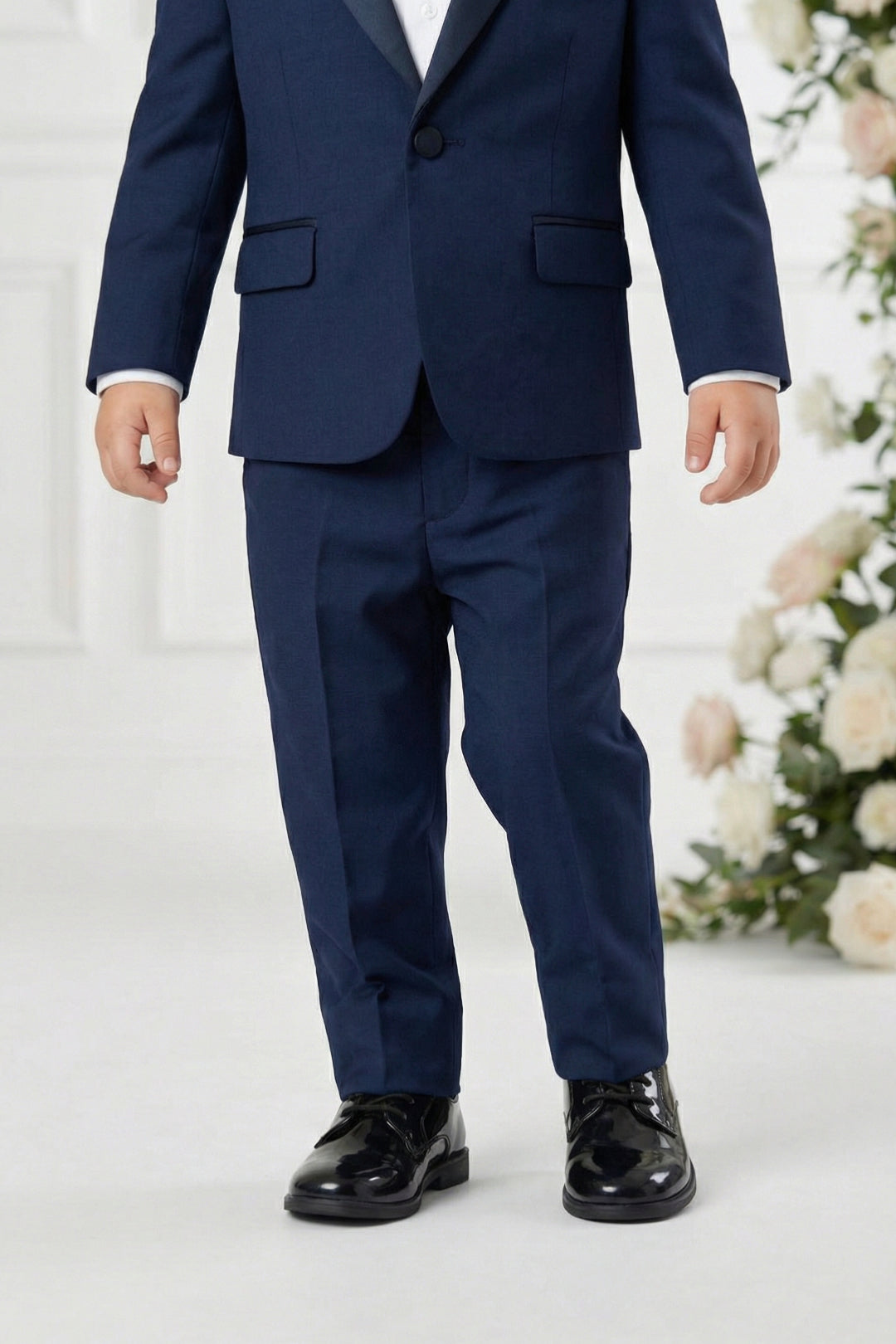 Boys Navy Blue Tuxedo 2-Piece Set with Black Satin Shawl Lapel