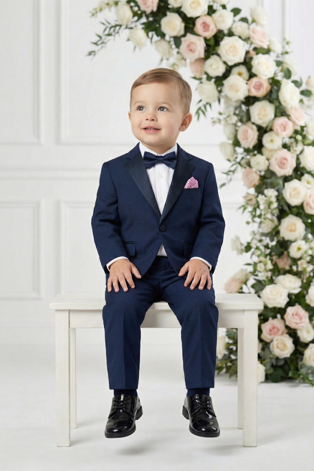 Boys Navy Blue Tuxedo 2-Piece Set with Black Satin Shawl Lapel