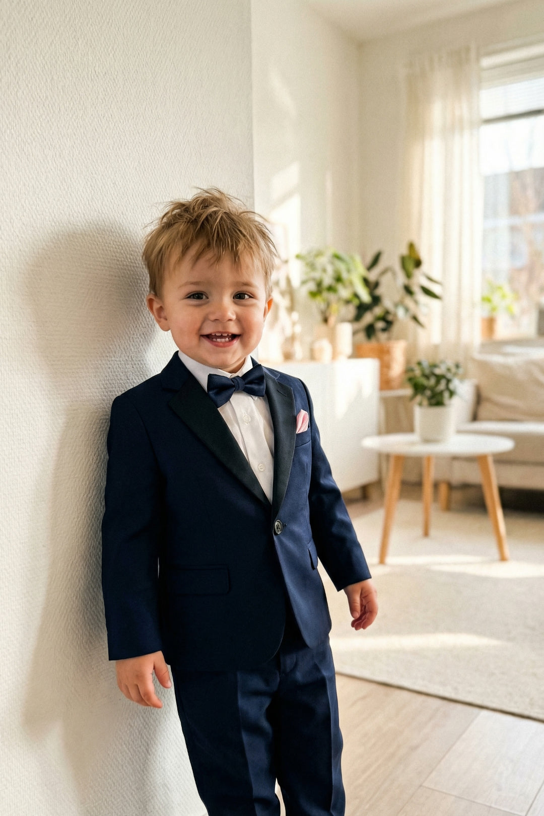 Boys Navy Blue Tuxedo 2-Piece Set with Black Satin Shawl Lapel