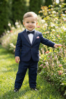 Boys Navy Blue Tuxedo 2-Piece Set with Black Satin Shawl Lapel