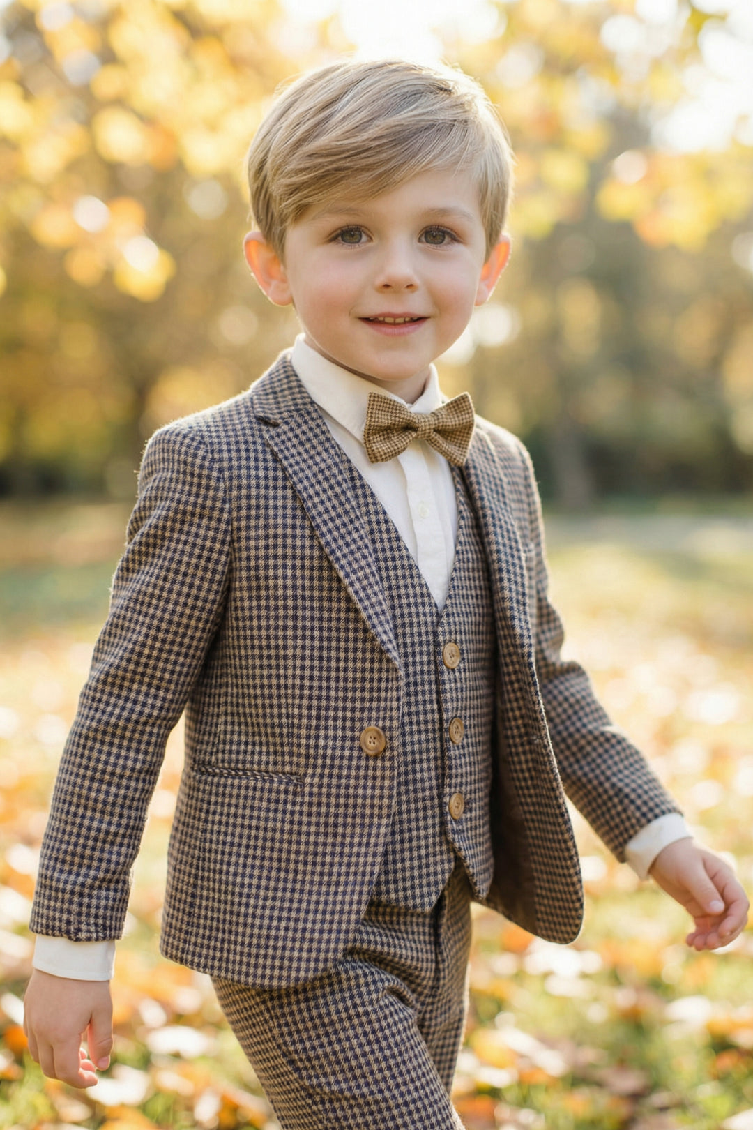 Boys Tweed Check 3-Piece Suit with Notch Lapel
