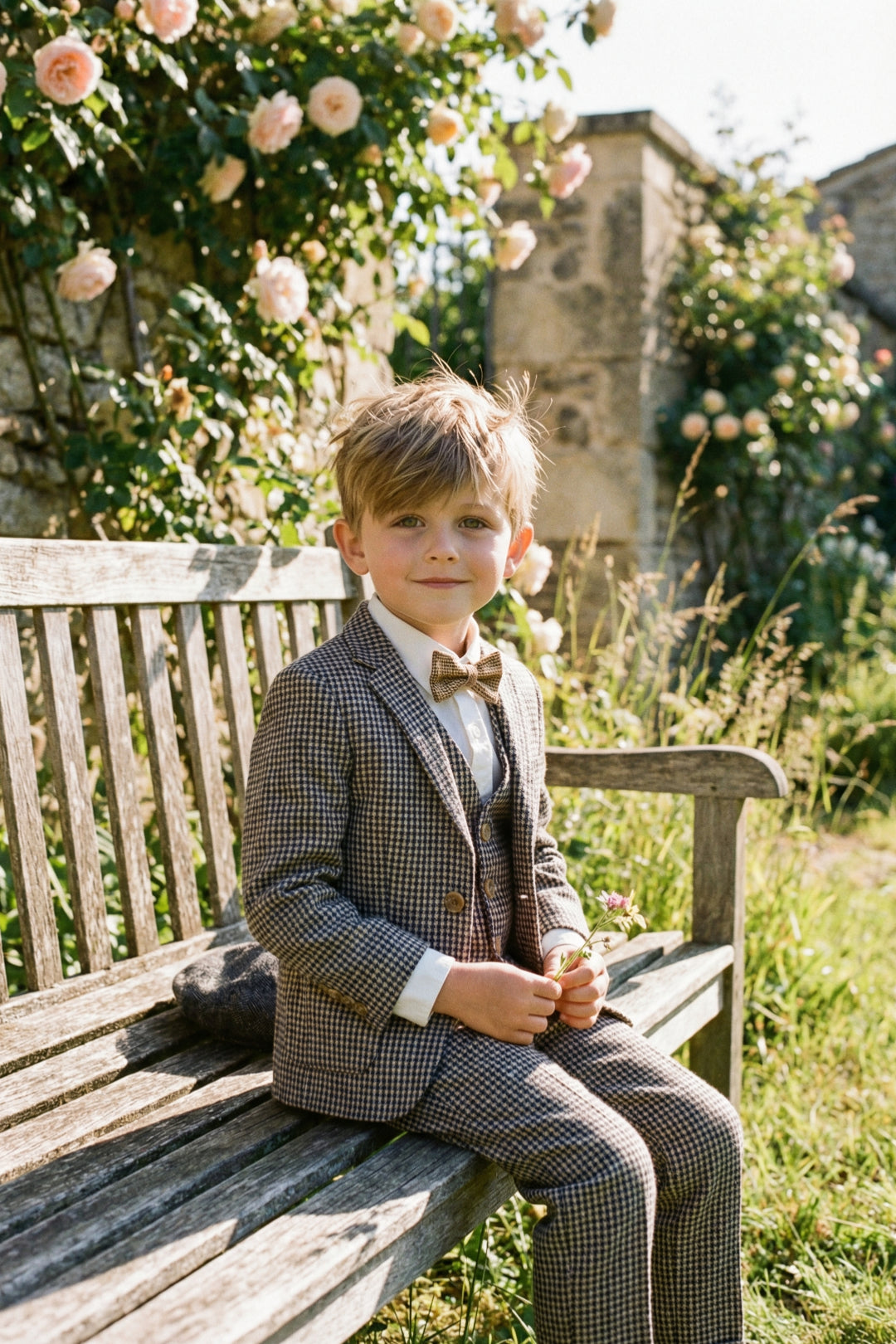 Boys Tweed Check 3-Piece Suit with Notch Lapel