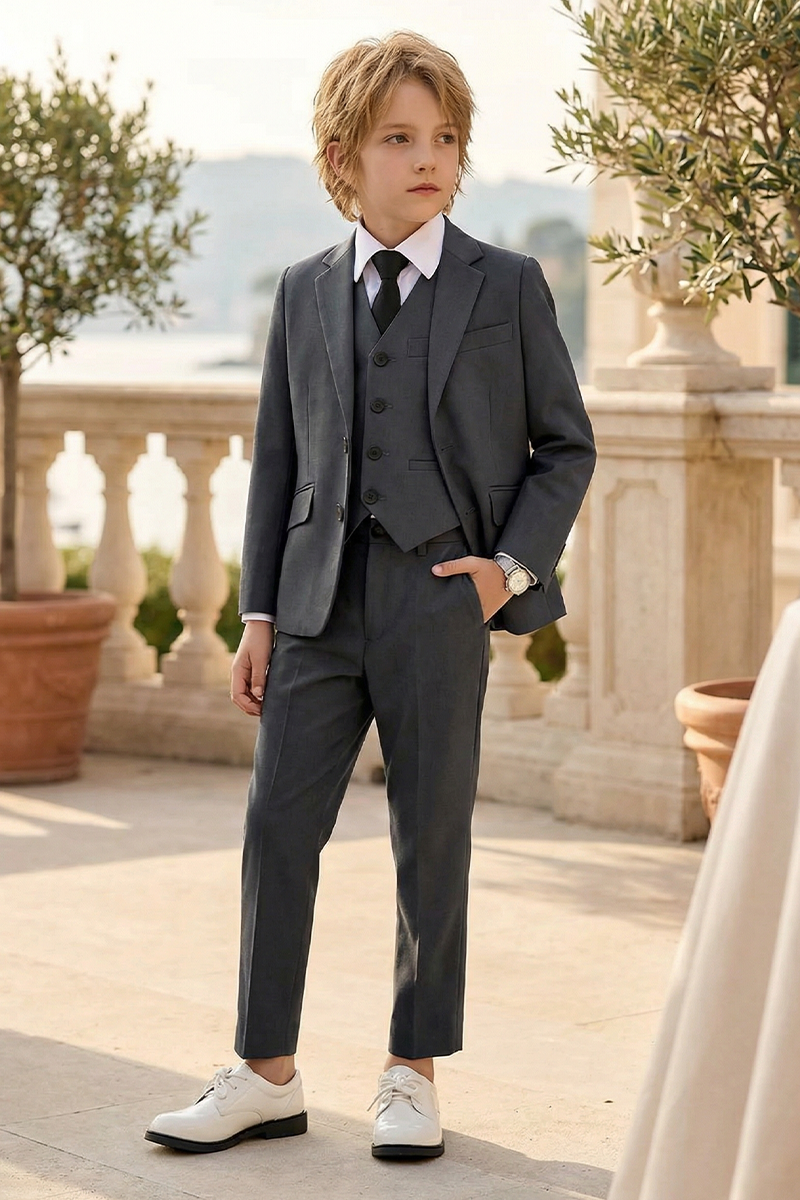 Boys Charcoal Grey 3-Piece Suit for Weddings & Formal Occasions