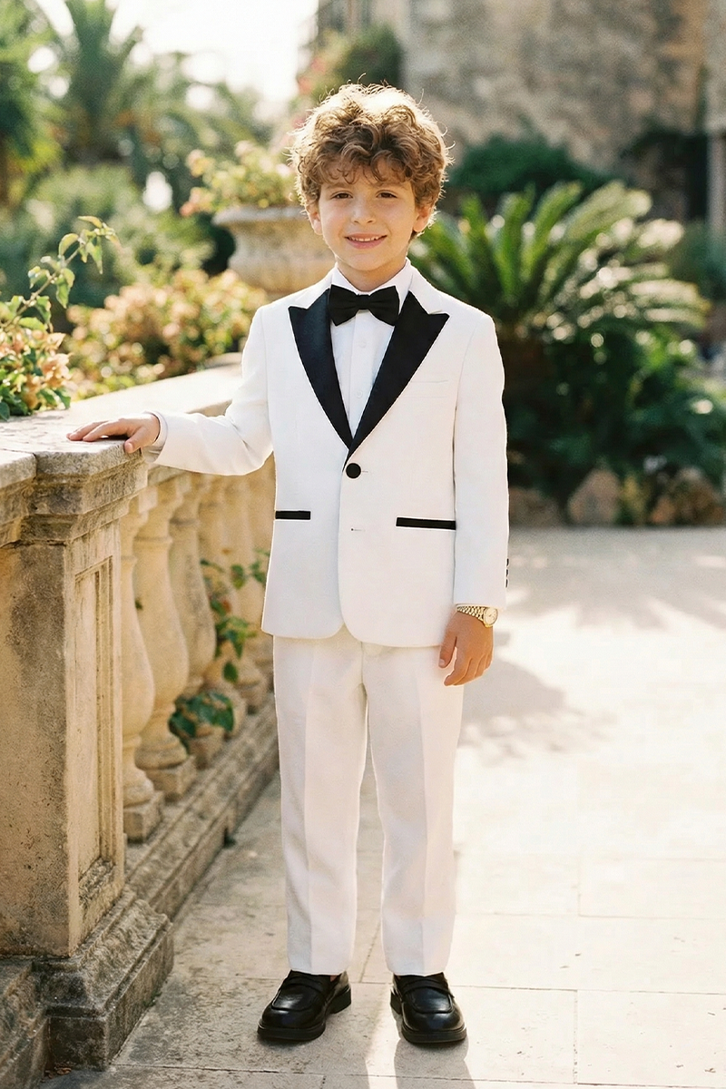 Boys White & Black Shawl Collar 2-Piece Tuxedo for Luxury Weddings & Galas