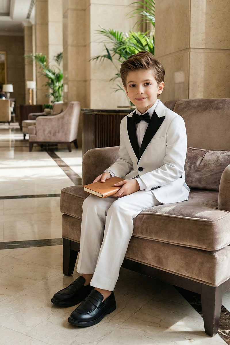 Boys White & Black Shawl Collar 2-Piece Tuxedo for Luxury Weddings & Galas