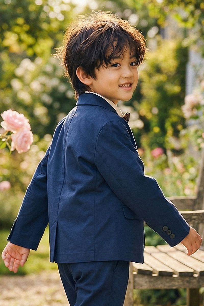 Boys Navy Blue Fish-mouth Collar Single-breasted Blazer