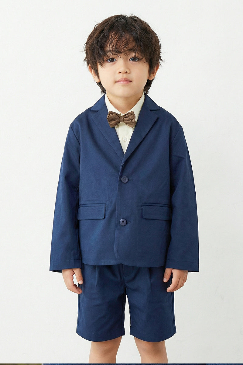 Boys Navy Blue Fish-mouth Collar Single-breasted Blazer