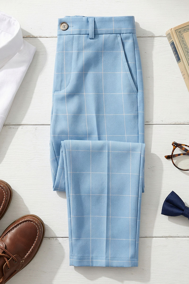 Boys Sky Blue Grid Pattern Trousers