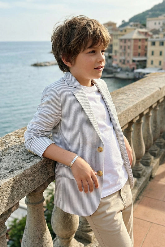 Boys White And Grey Pinstripe Linen Blazer