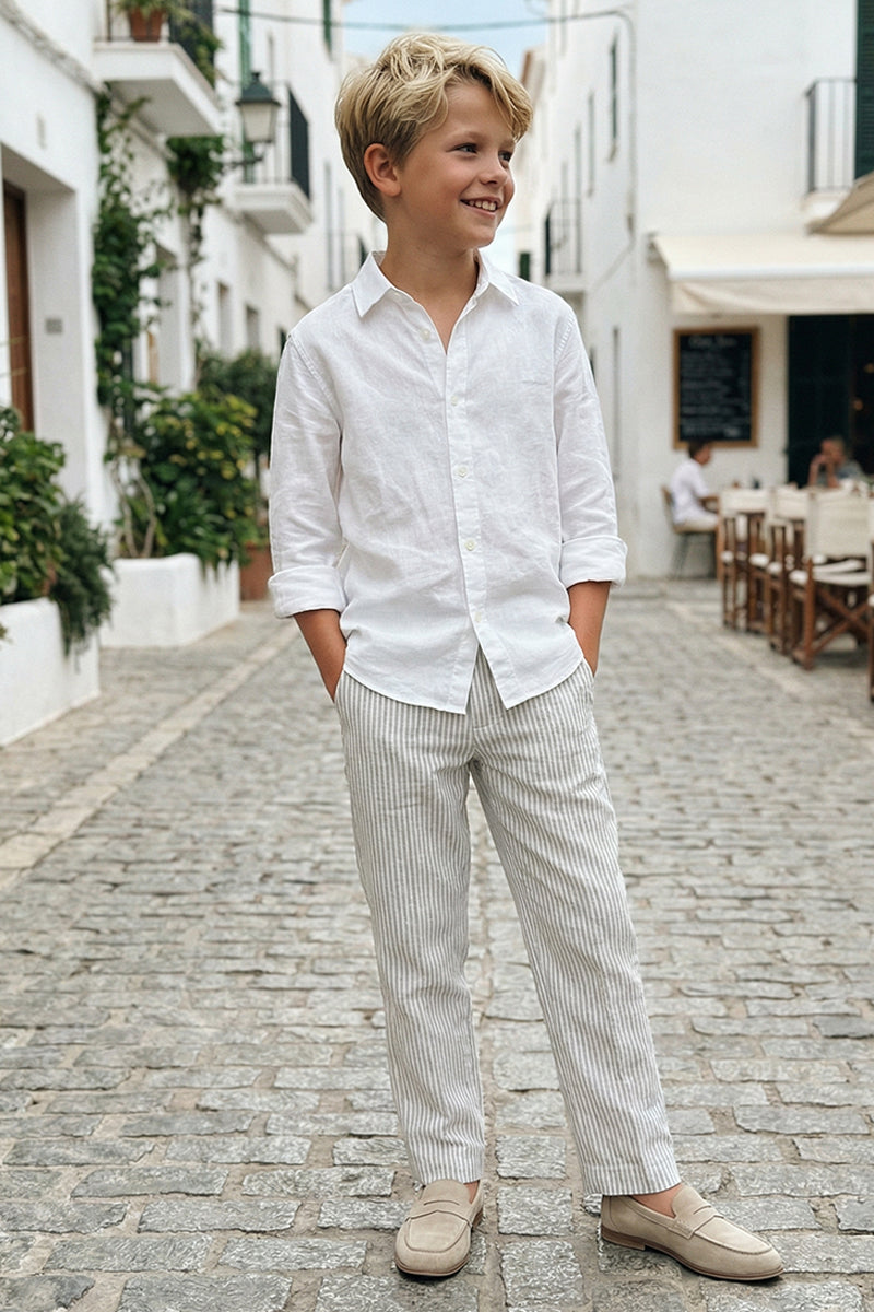 Boys White And Grey Pinstripe Linen Trousers