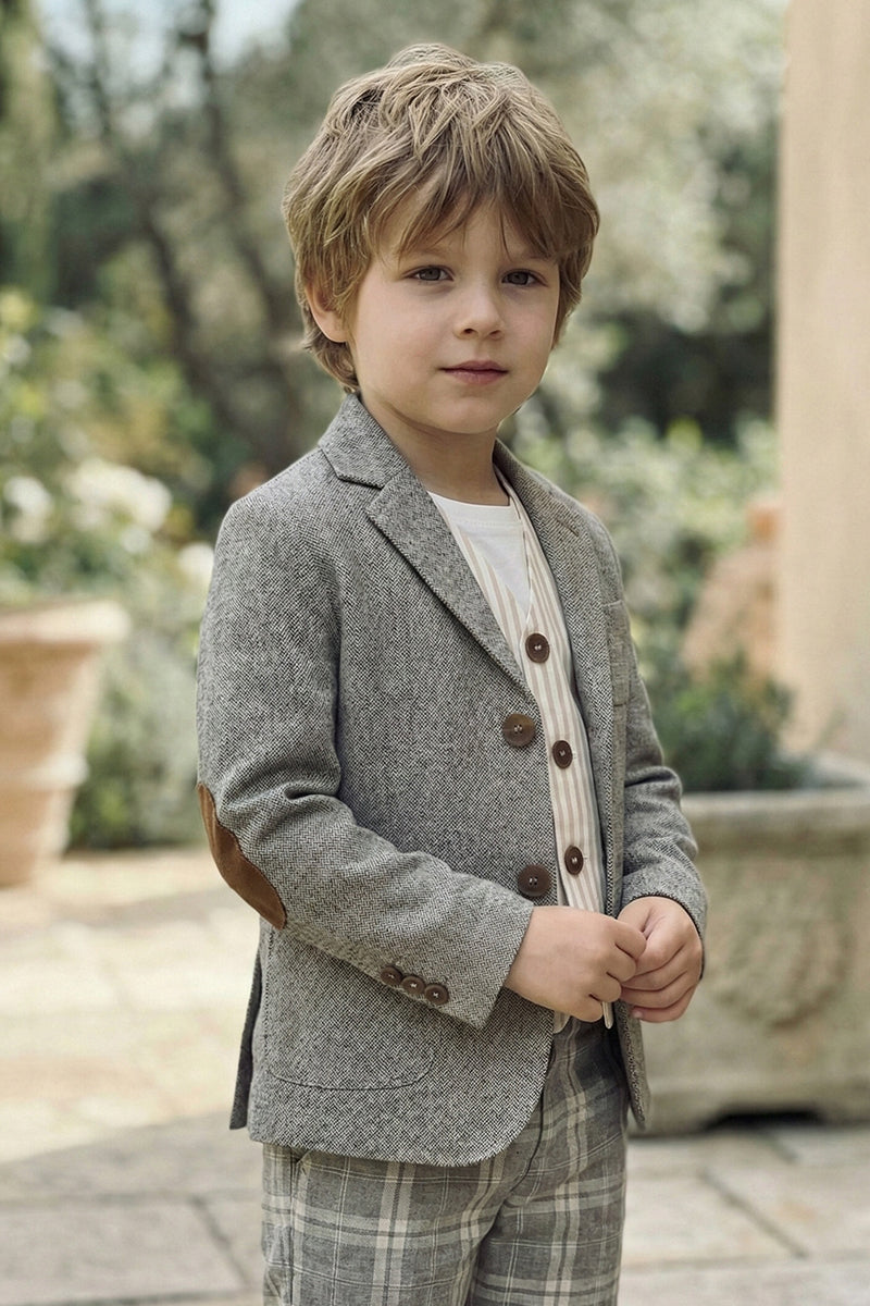 Boys Gray Elbow Patch With Brown Suede Fabric Single-breasted Blazer