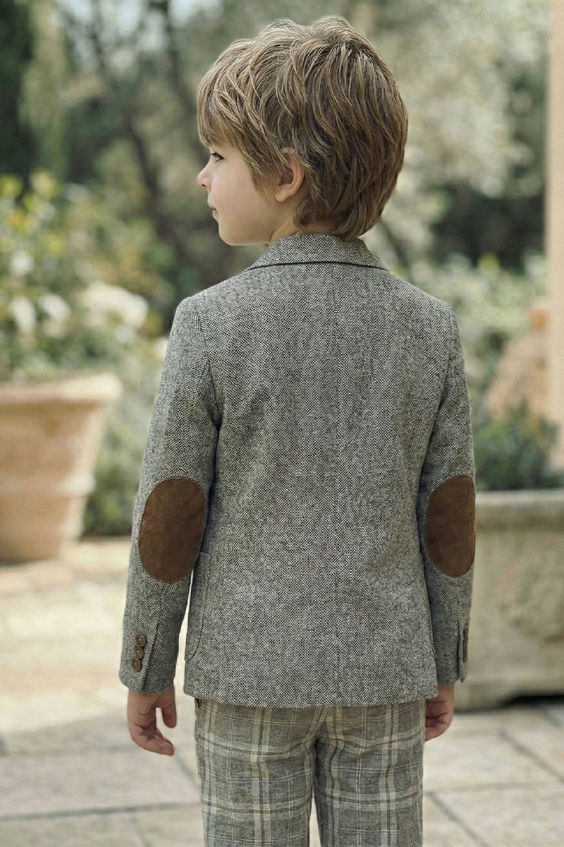 Boys Gray Elbow Patch With Brown Suede Fabric Single-breasted Blazer