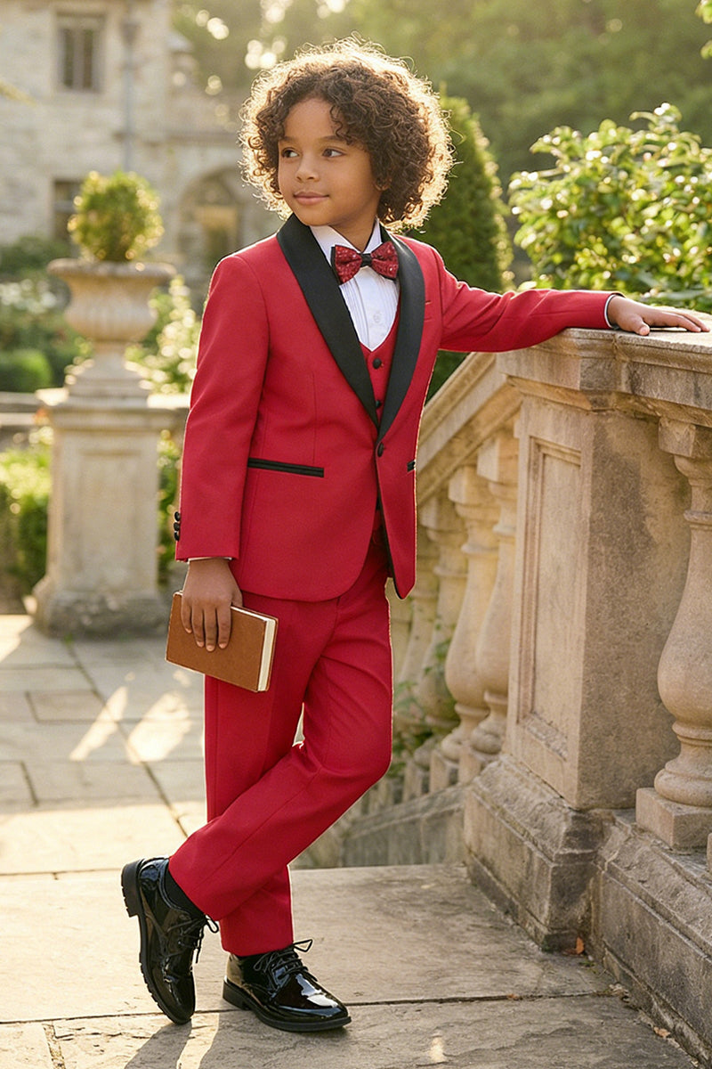 Boys Red Single-breasted 3-piece Suit