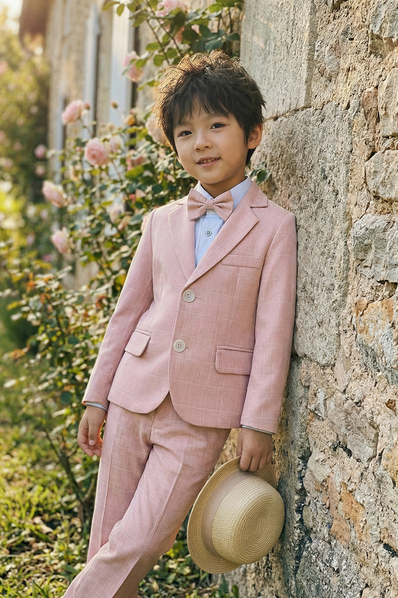 Boys Pink Plaid Linen Single-breasted Blazer
