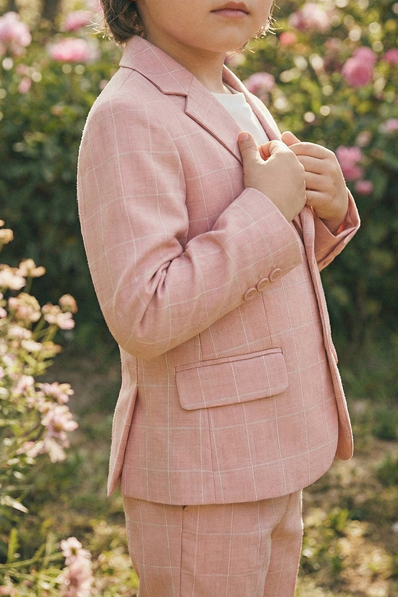Boys Pink Plaid Linen Single-breasted Blazer
