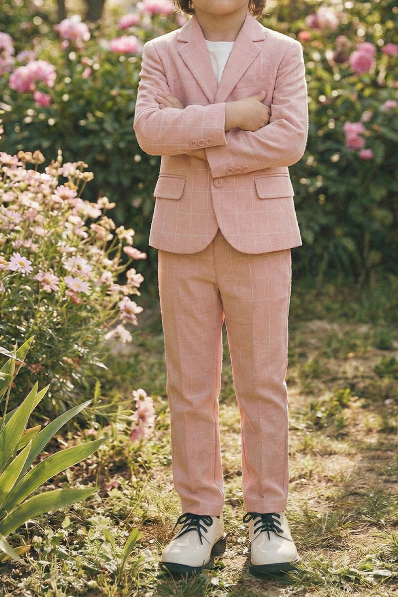 Boys Pink Plaid Linen Single-breasted Blazer