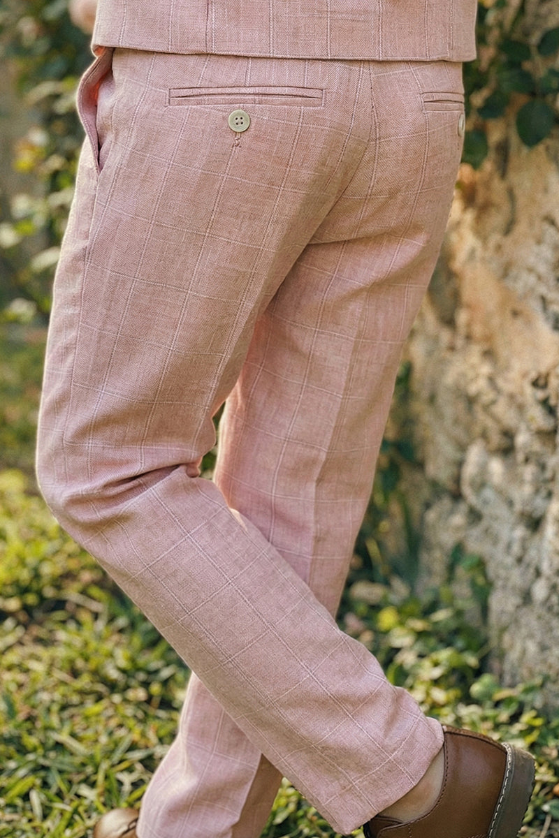 Boys Pink Plaid Linen Straight Fit Trousers