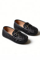 Boys Black Woven Checkered Buckle Loafers（ 2-15 years old）