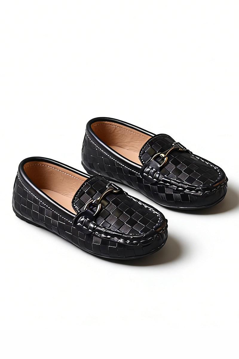 Boys Black Woven Checkered Buckle Loafers（ 2-15 years old）
