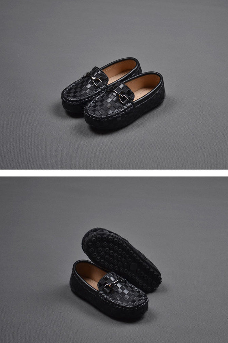 Boys Black Woven Checkered Buckle Loafers（ 2-15 years old）