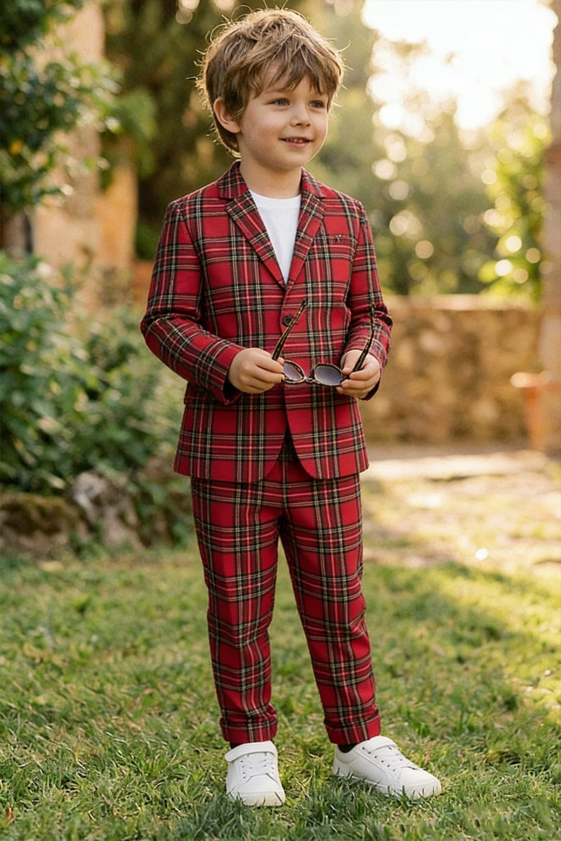 Boys Red Tartan Plaid Single-breasted 2-piece Suits