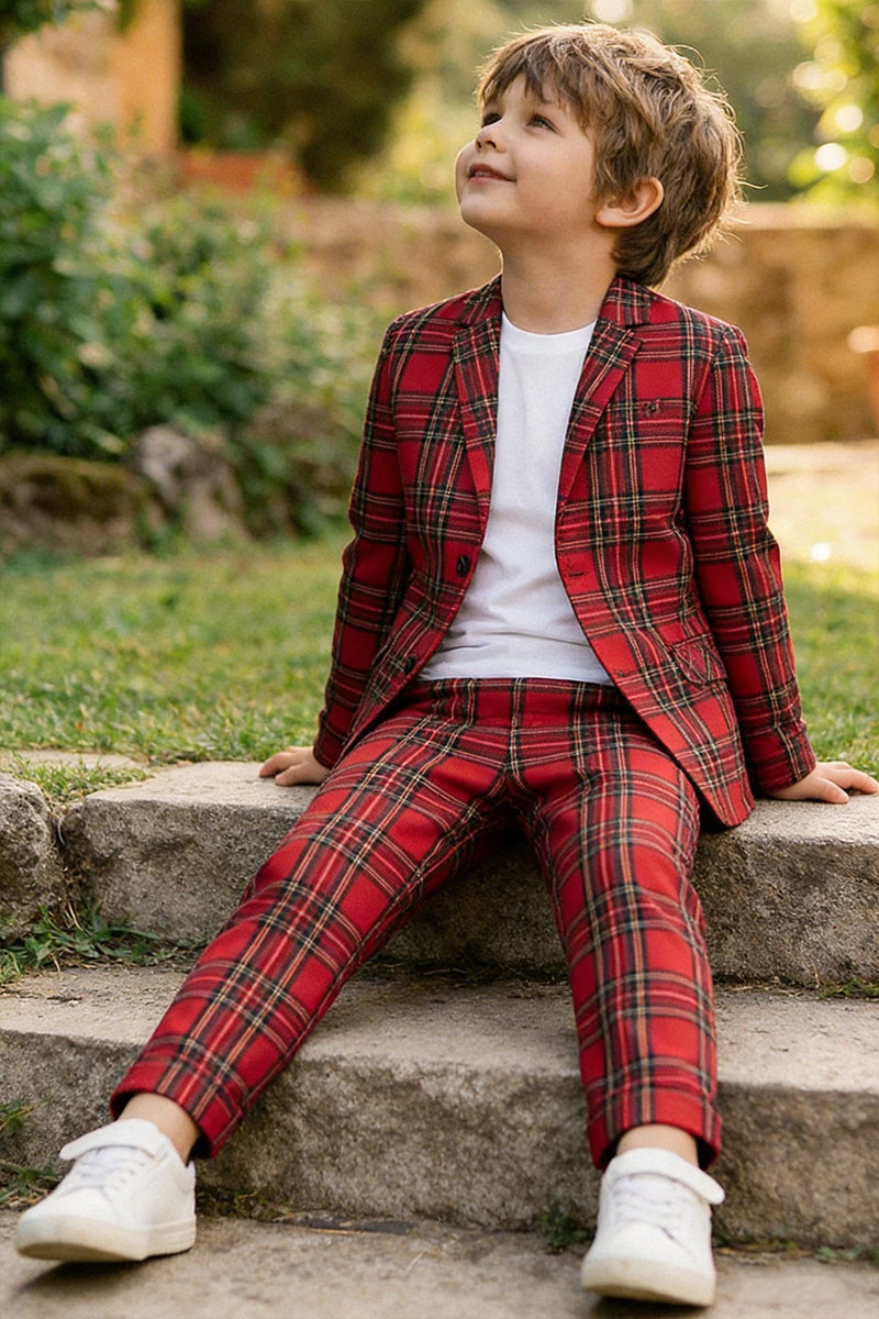 Boys Red Tartan Plaid Single-breasted 2-piece Suits