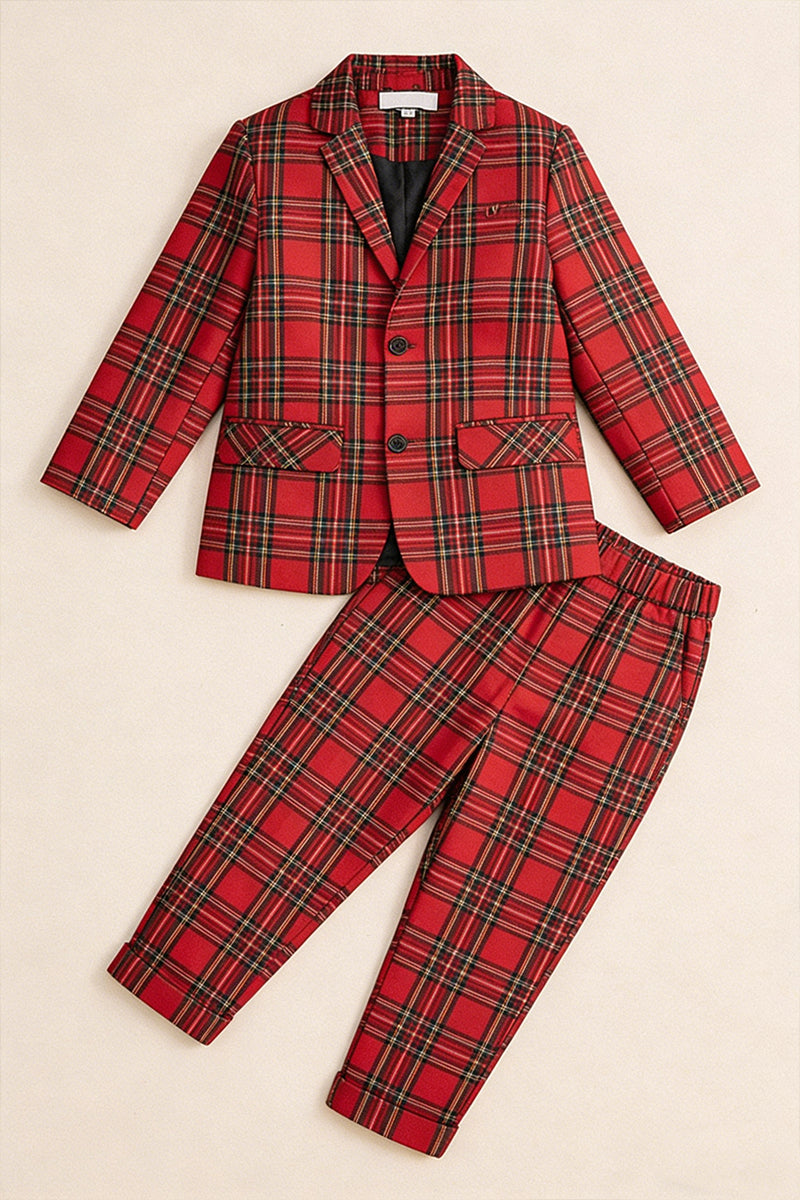 Boys Red Tartan Plaid Single-breasted 2-piece Suits