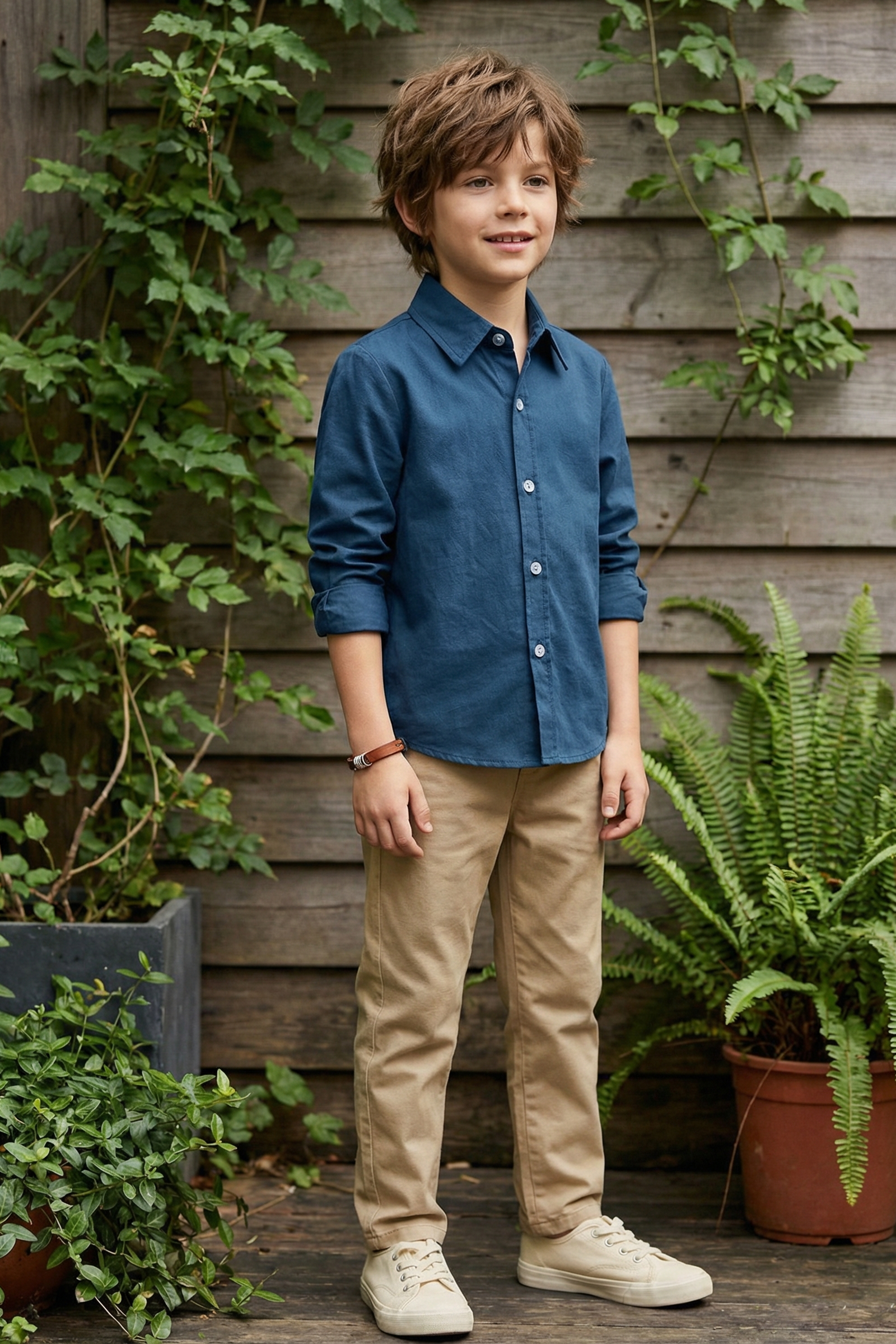 Boys' Vintage And Minimalist Cotton Long-Sleeved Shirt