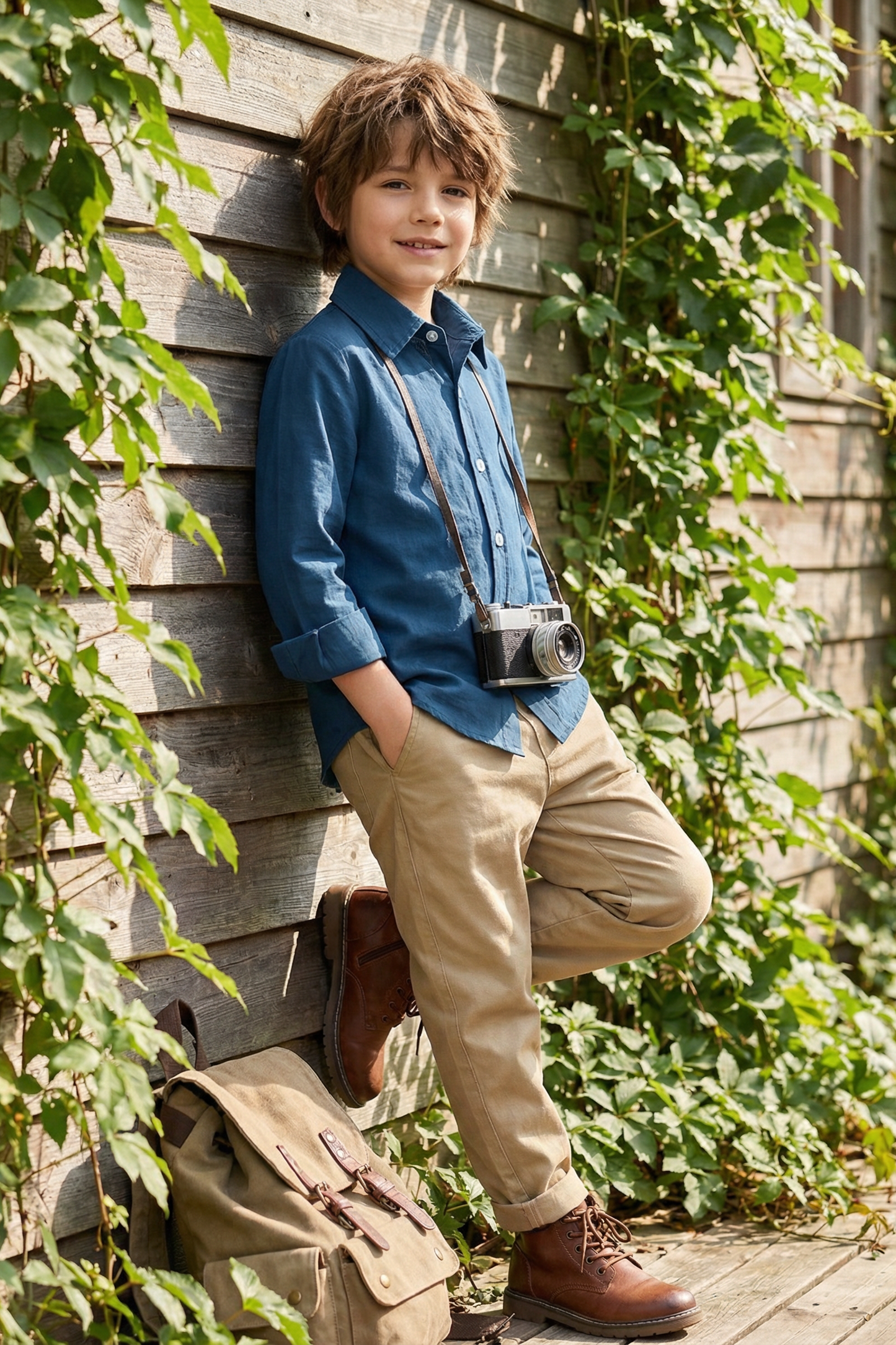Boys' Vintage And Minimalist Cotton Long-Sleeved Shirt