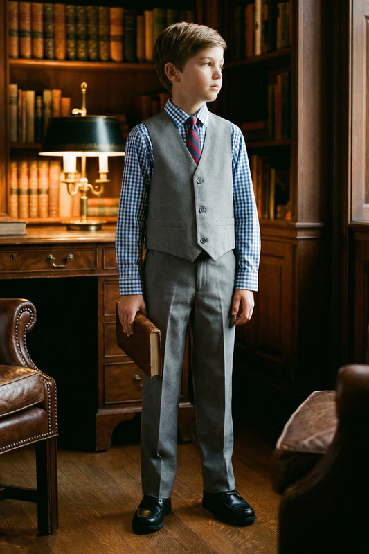 Boys' Fashionable Checkered Simple And Comfortable Shirt And Vest Three-Piece Set