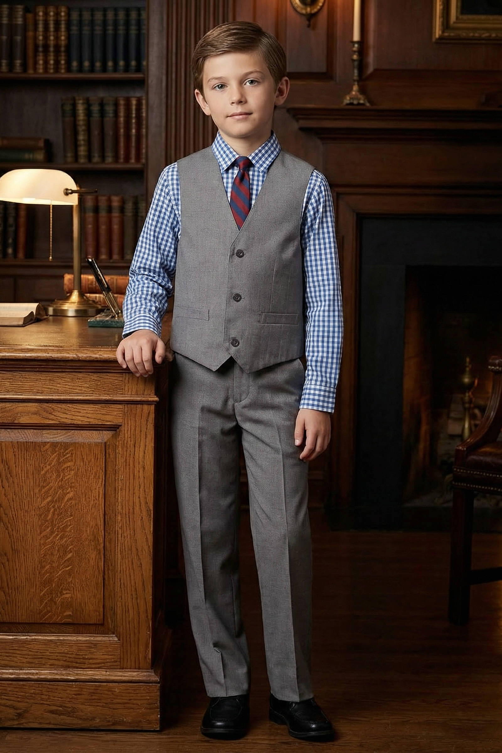 Boys' Fashionable Checkered Simple And Comfortable Shirt And Vest Three-Piece Set