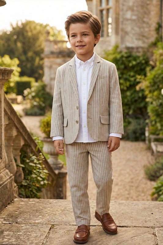 Boys Beige Pinstripe Linen-blend Single-breasted 2-piece Suits