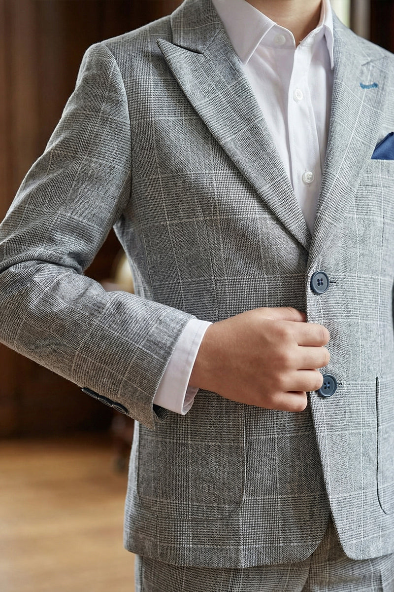 Boys Grey Windowpane Check Single-breasted 2-piece Suits