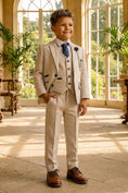 Load image into Gallery viewer, Boys Beige Check 3-Piece Suit for Formal Receptions
