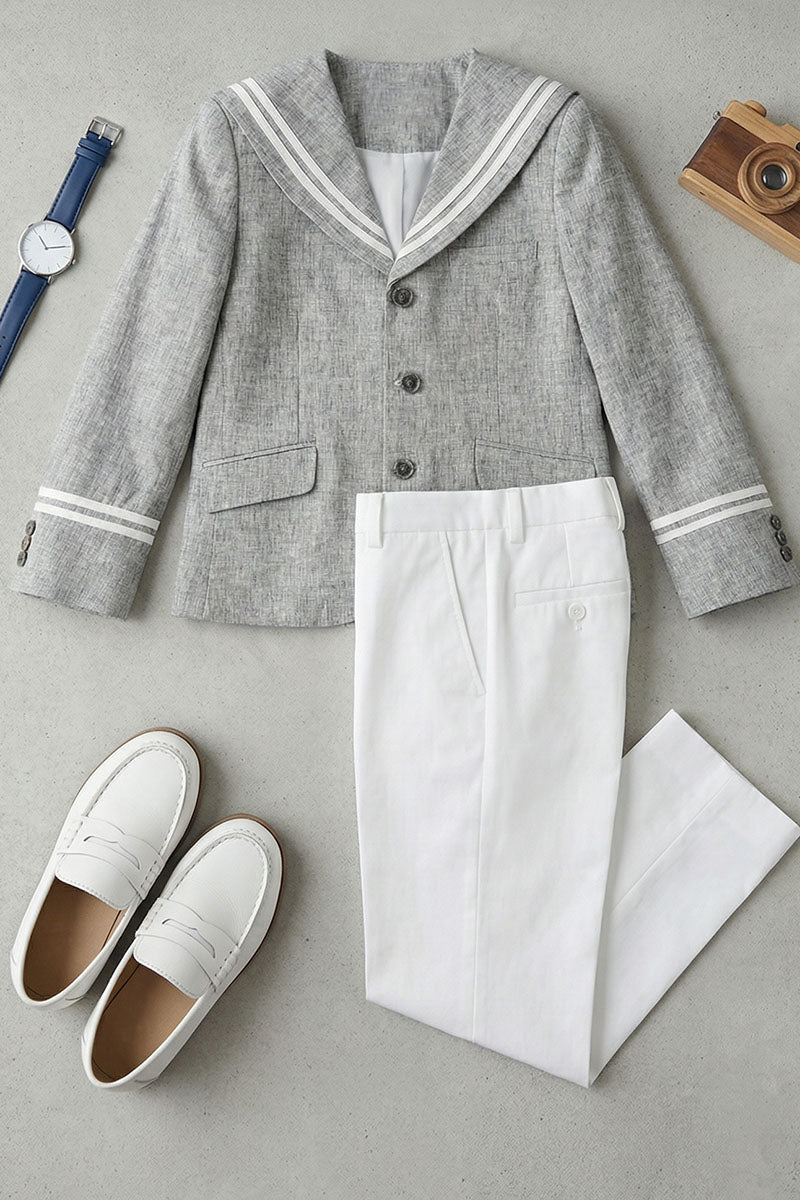 Boys Grey Blazer & White Trousers 2-Piece Suit