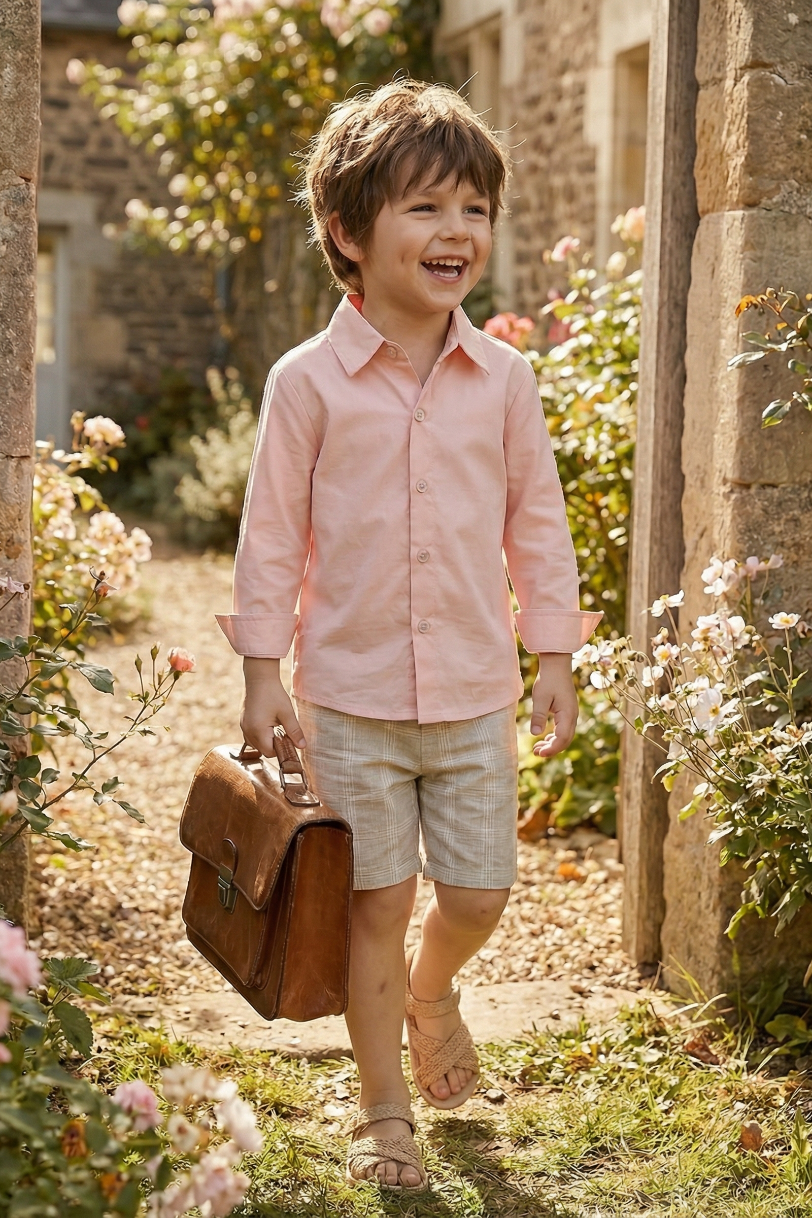 Boys Pink Simple Long-Sleeved Cotton Shirt