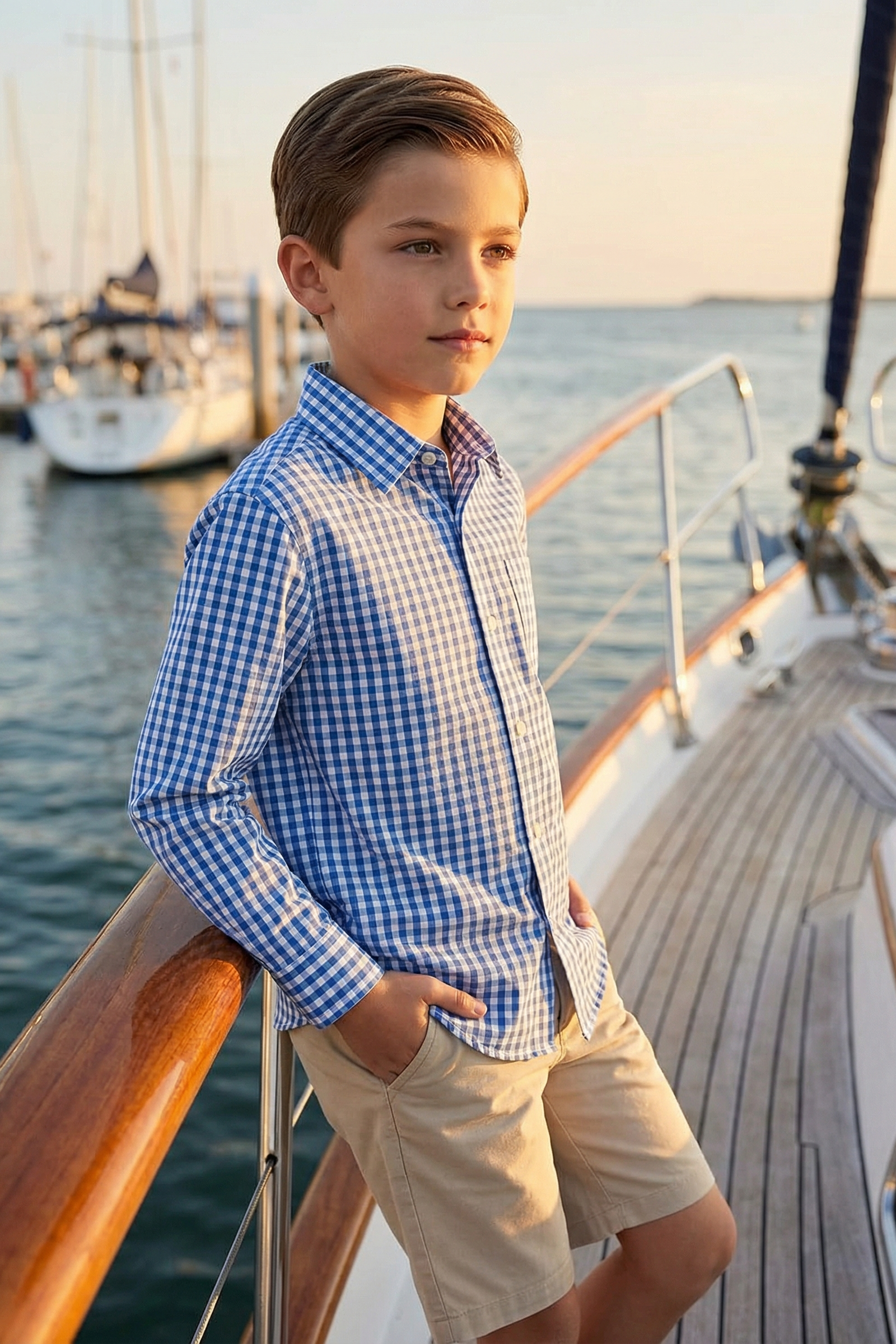 Boys' Blue And White Checkered Vacation Long-Sleeved Shirt