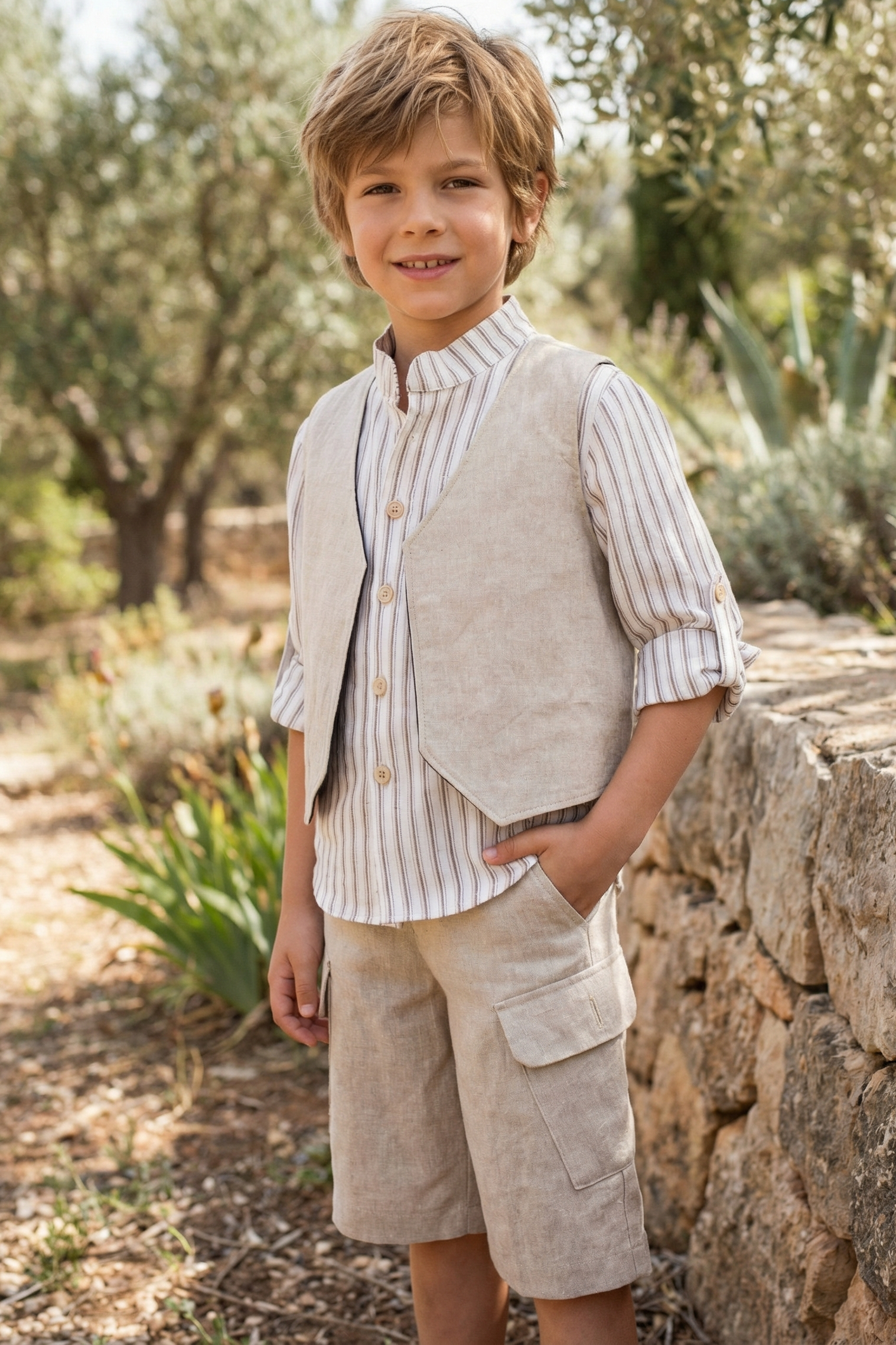 Boys Beige Cardigan Vest And Shorts