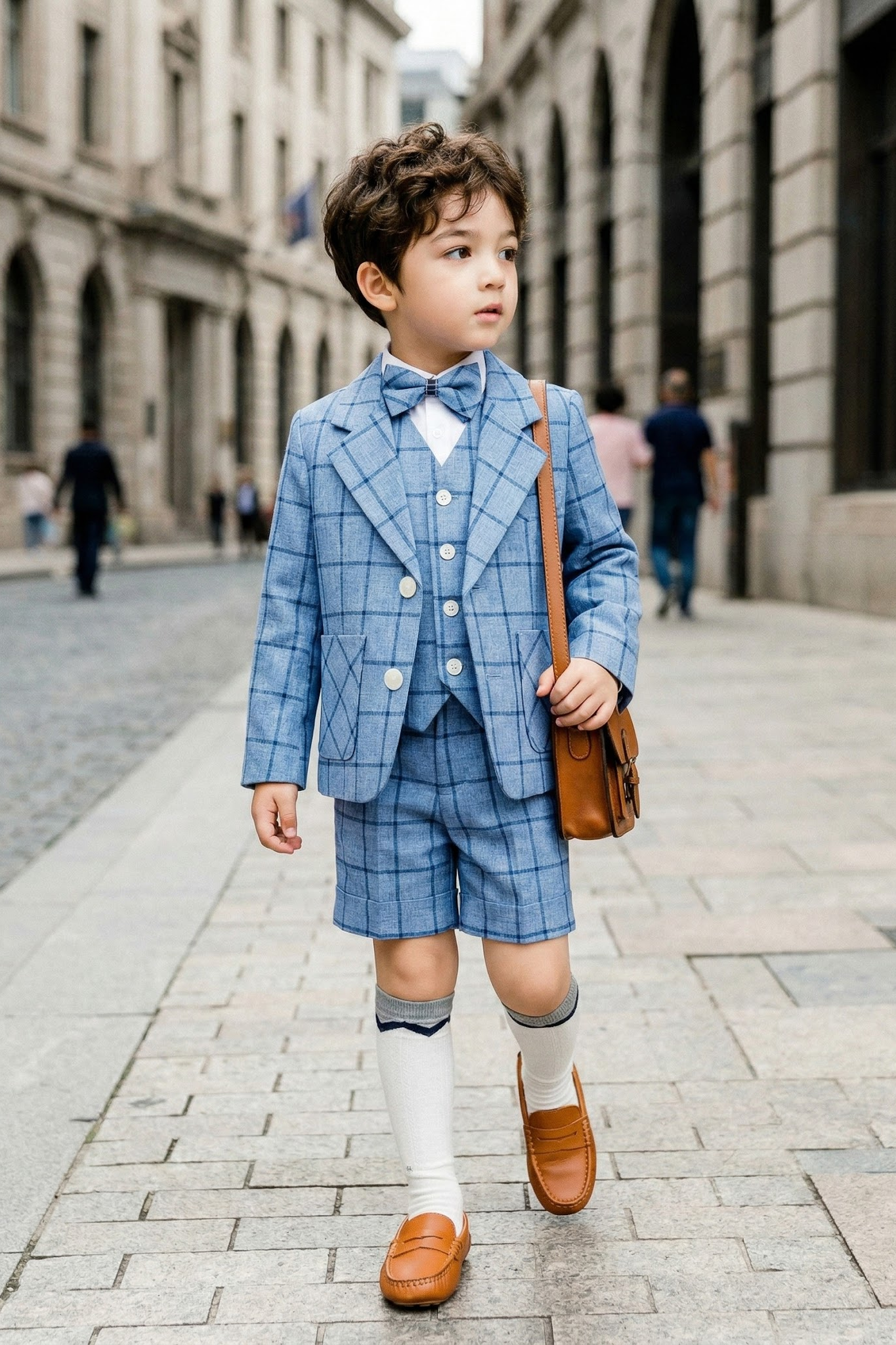 Boys Blue Fashionable Checkered Single-Breasted 3-piece suit set