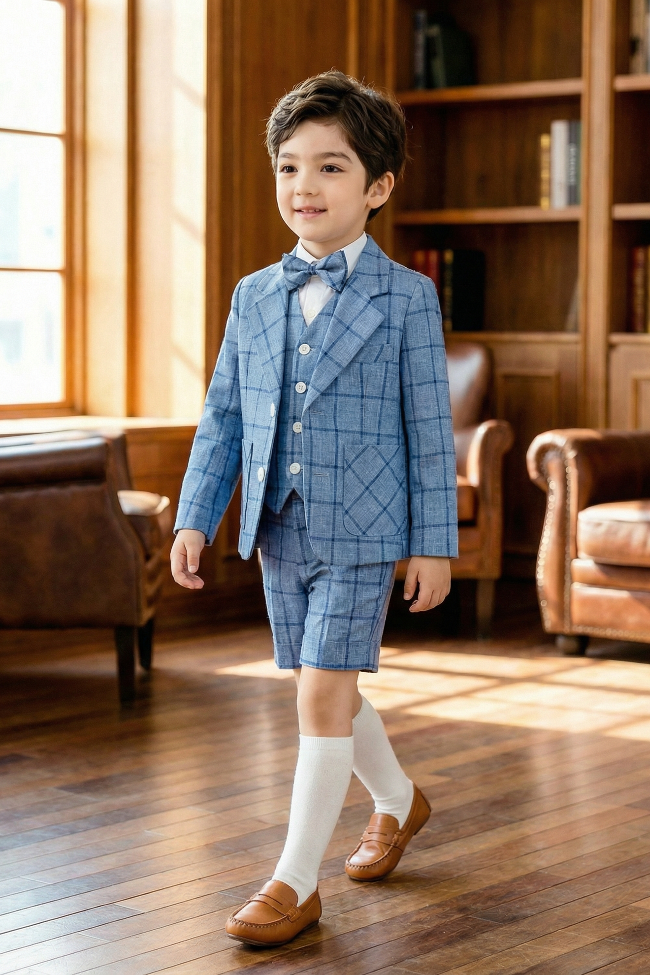 Boys Blue Fashionable Checkered Single-Breasted 3-piece suit set