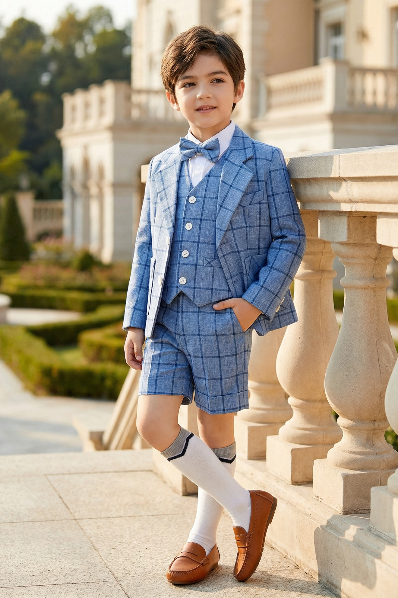Boys Blue Fashionable Checkered Single-Breasted 3-piece suit set