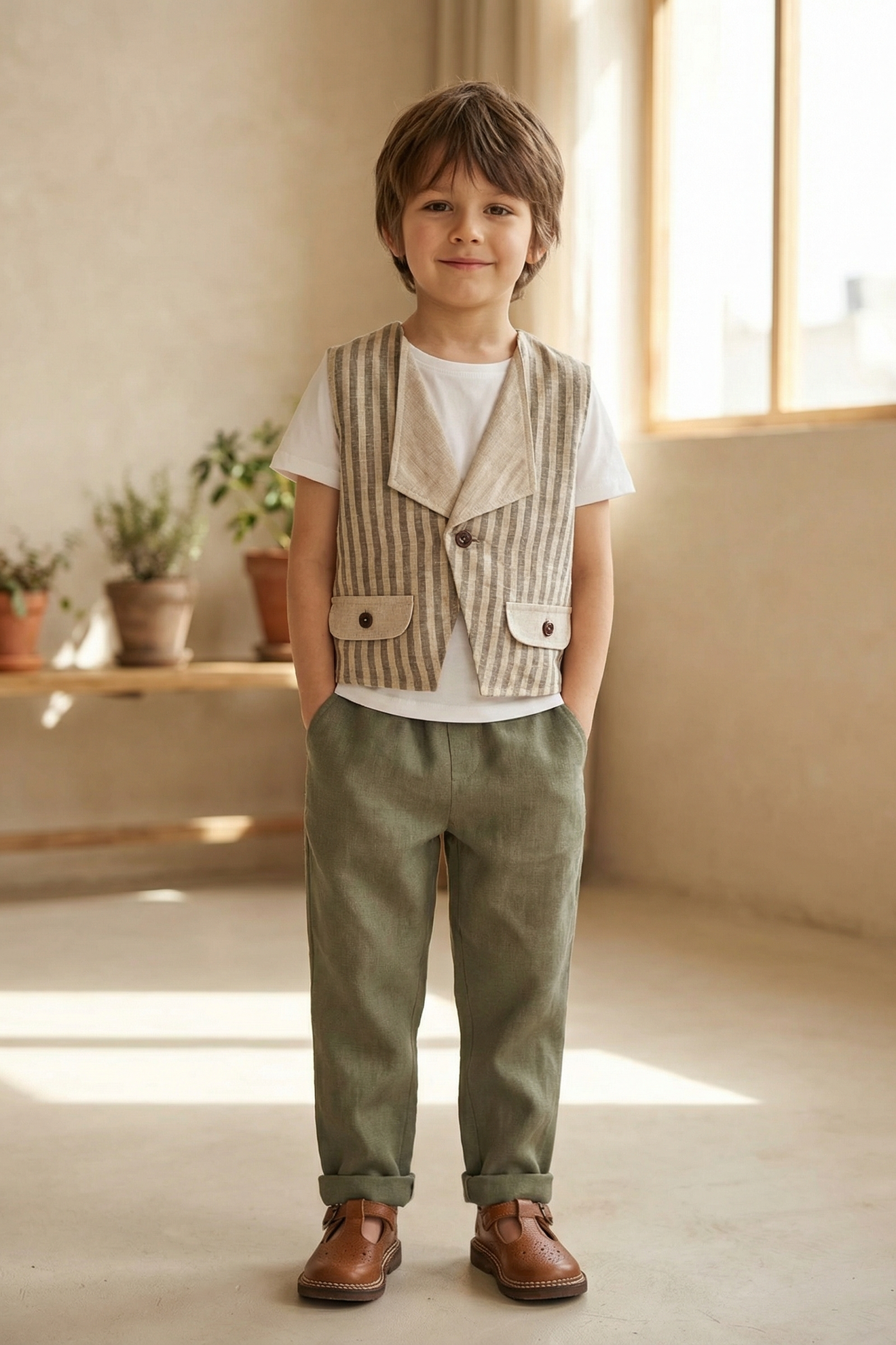 Boys Striped Single-Button Turtleneck Vest