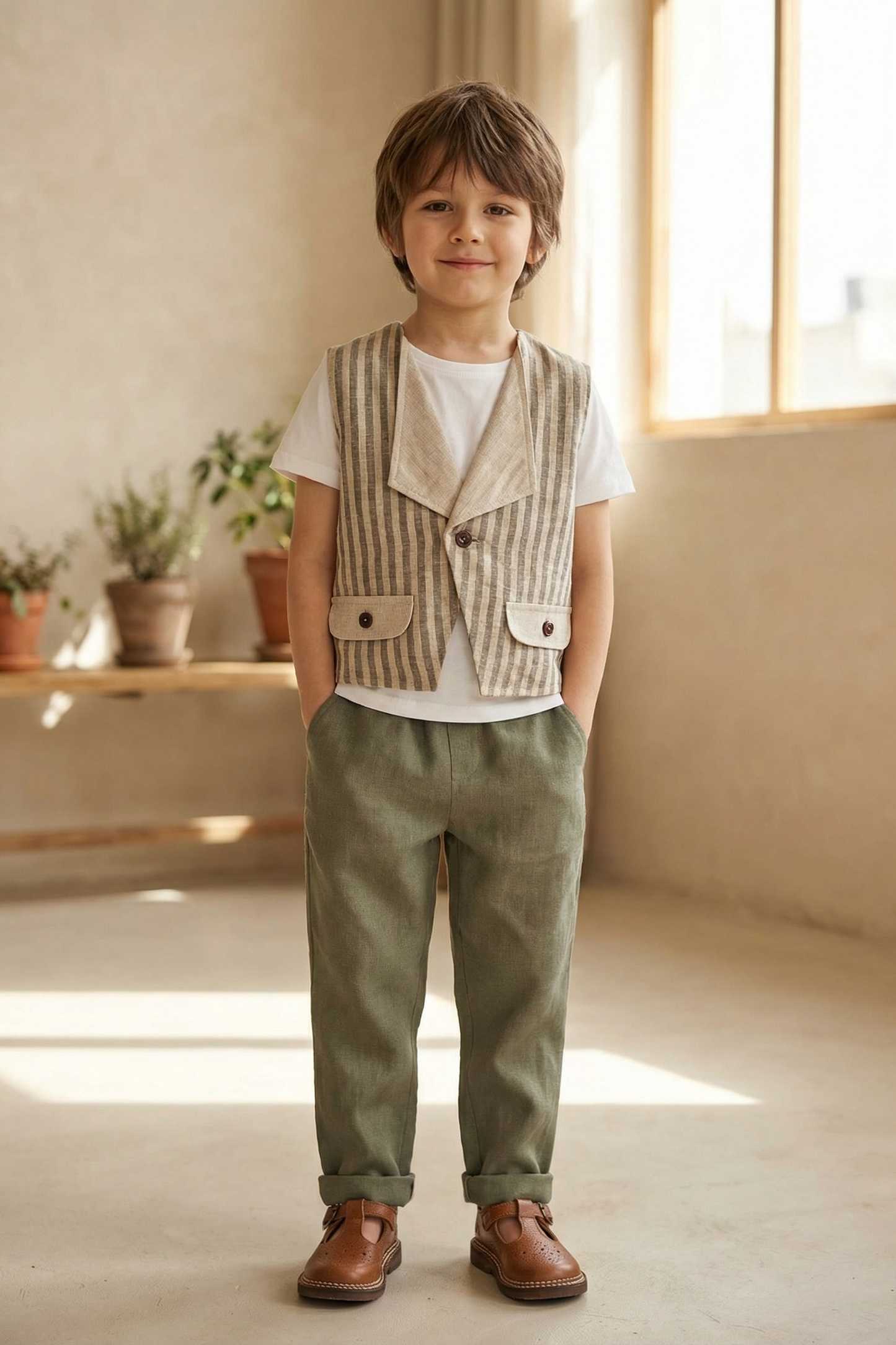 Boys Striped Single-Button Turtleneck Vest