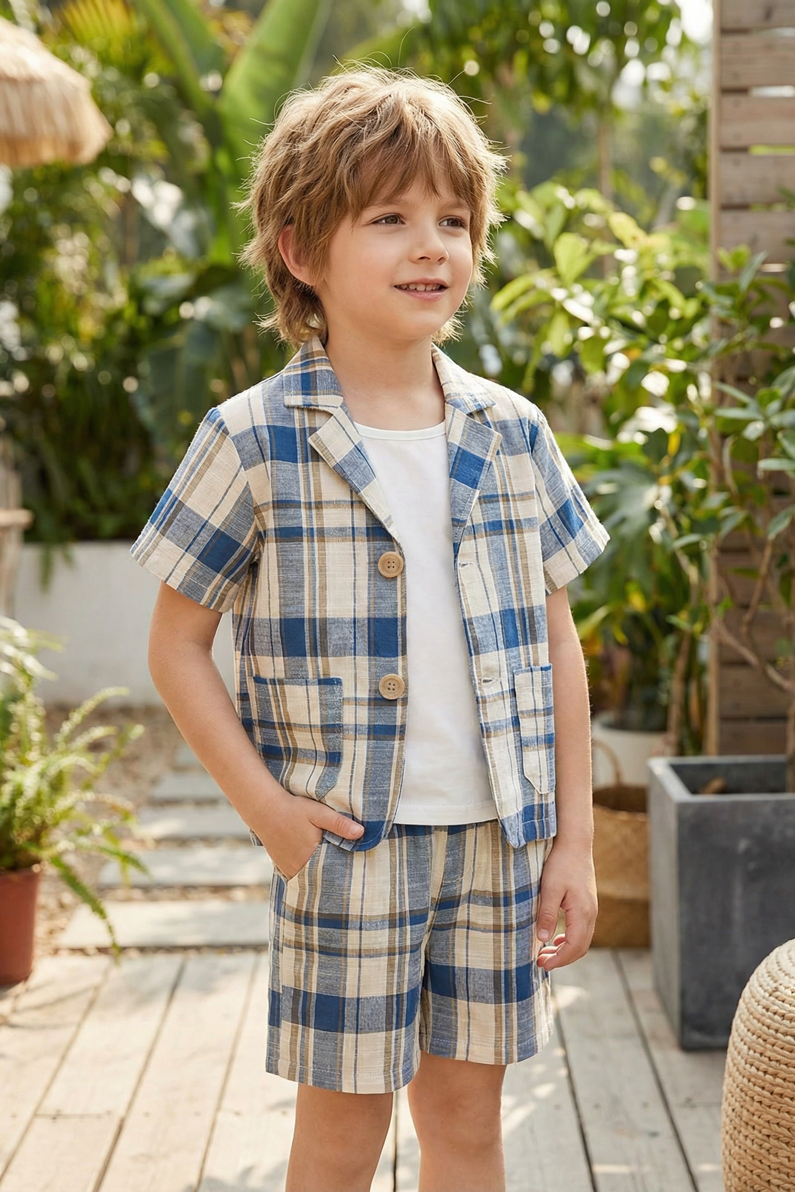 Boys Blue And White Checkered Short Suit 2-piece Set