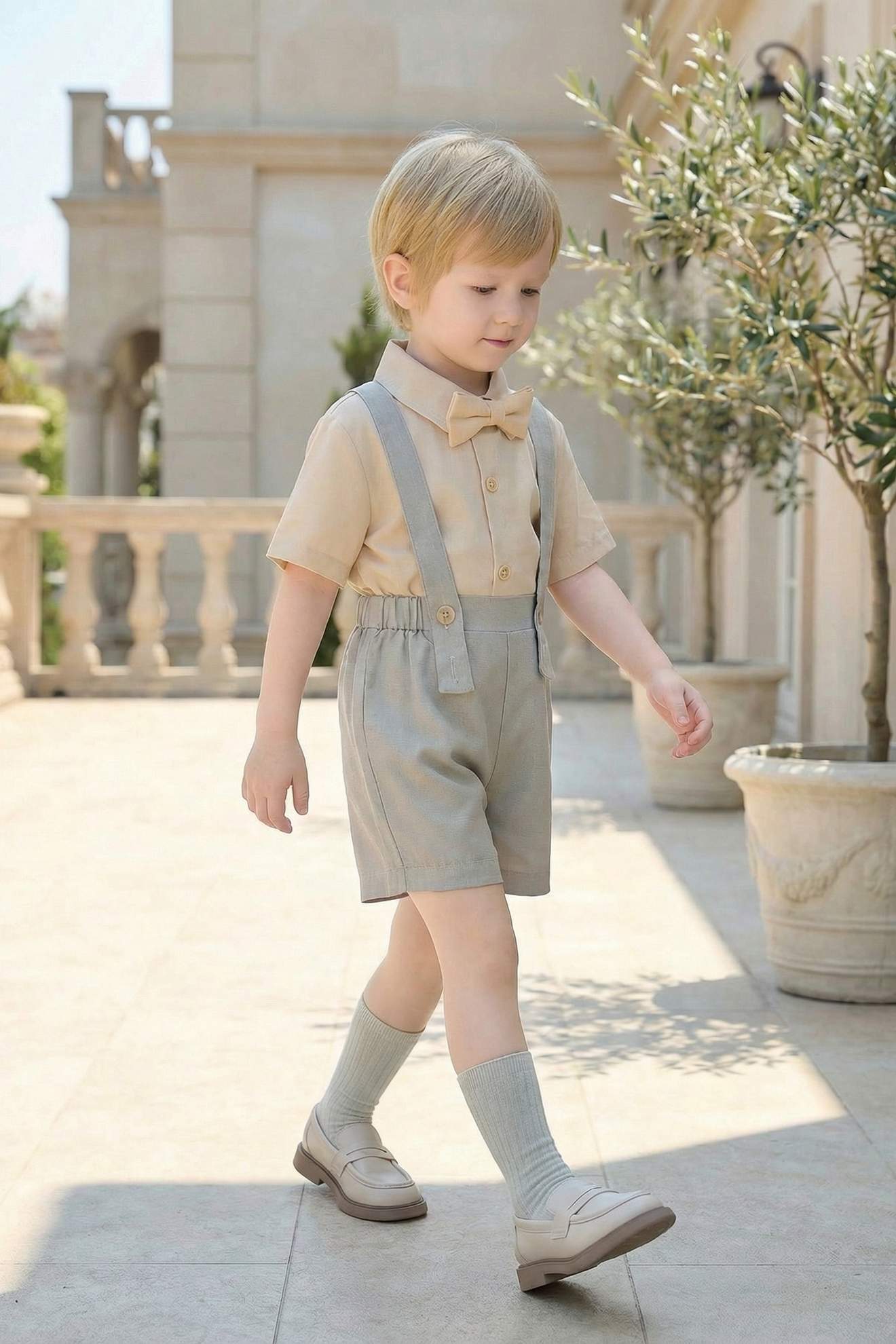 Boys Light Gray And Blue Minimalist Denim Overalls